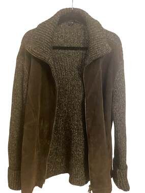 Hugo Boss Full Zip Jacket in Brown Leather Wool Blend Size L/XL